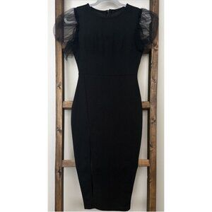 Black Sheer Organza Puff Sleeve Bodycon Midi Dress